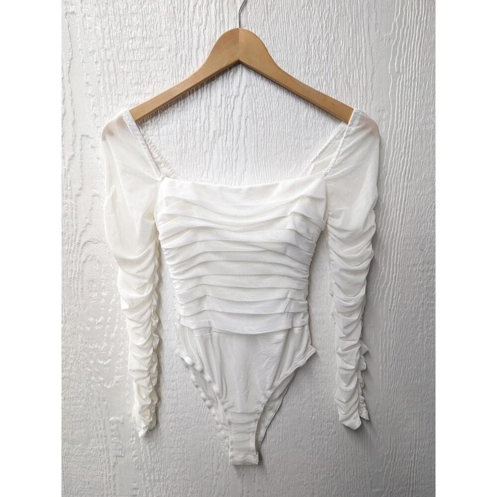 NWT Princess Polly Delaney Ruched Mesh Long Sleeve Bodysuit Cream Size 4
